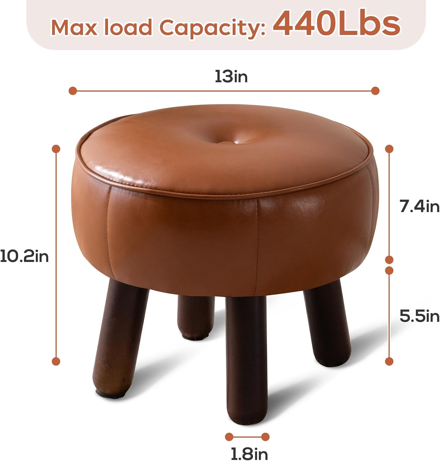Small Foot Stool, Round Faux Leather Pouf Ottoman Foot Rest, Footstool Ottomans with Rubber Legs Under Desk, 13''L x 13''W x 10.2''H, Footrest for Couch, Living Room, Bedroom, Hallway, Brown