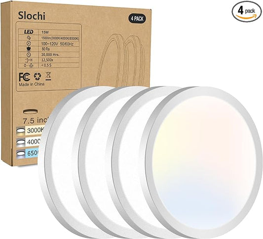 4PACK LED Flush Mount Ceiling Light Fixture, 3000K-4000K-6500K & 100W Equivalent Modern Kitchen Recessed Ceiling Lamp 15W 1500Lm 7.5 Inch Closet Round Surface for Bathroom Laundry Bedroom Hallway