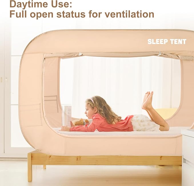 BORNA Bed Canopy Bed Tent Dream Tents Autism Shelter Cabin Indoor Sleeping Tents Privacy Warm Breathable Pop Up Twin Size Double Door with Mosquito Mesh Window for Kids and Adult (Khaki)