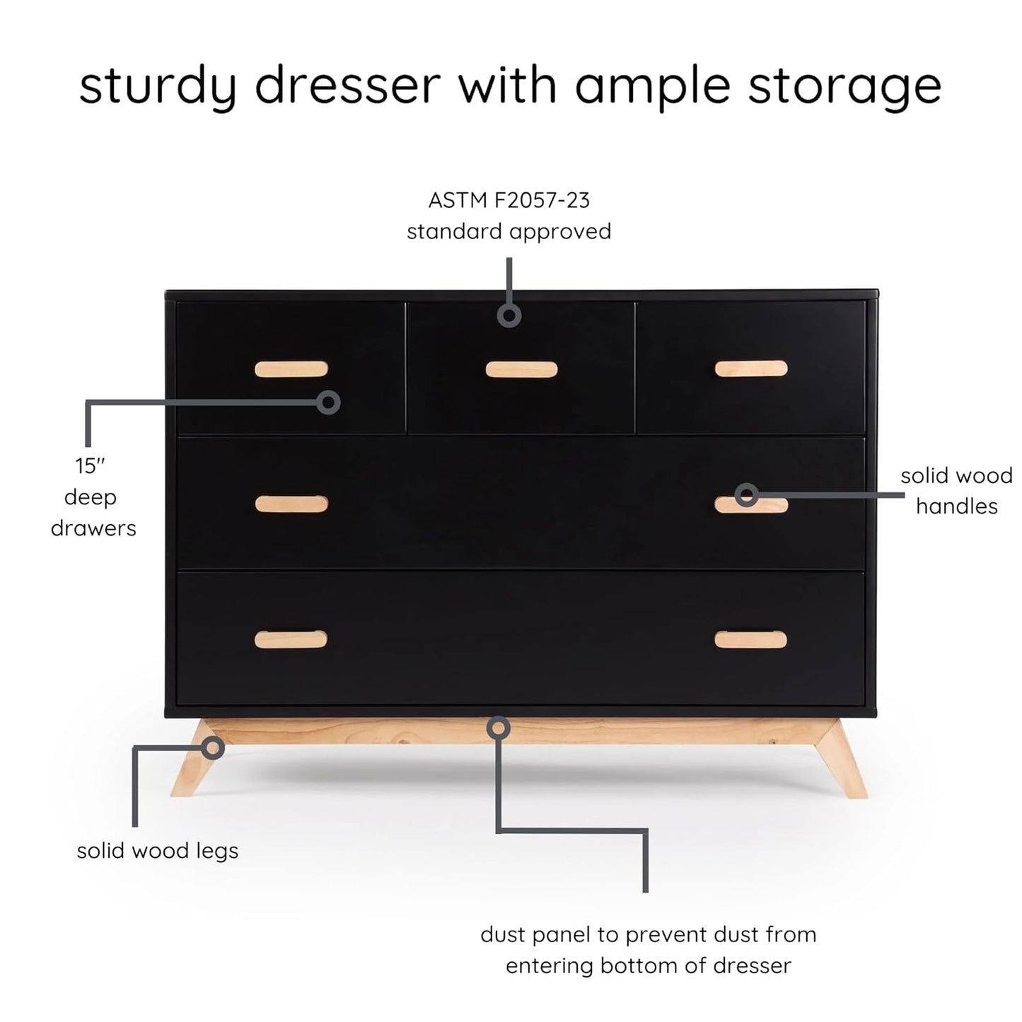 dadada Soho 5-Drawer Dresser for Nursery and Bedroom - Modern Design, Large Storage, Baby-Safe Finish, Soft Close Drawers, Anti-Tip Safety, Sturdy Legs & Solid Wood Handles, 47” Wide (Black+Natural)