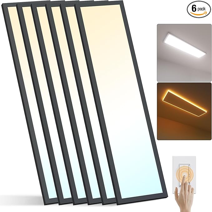 AIKVSXER 6Pack 1x4 Black LED Flat Panel Light Surface Mount 50W 4CCT 5500Lm with Night Light, 3000K/4000K/5000K/ Flush Mount Ceiling Light, for Household and Commercial-ETL