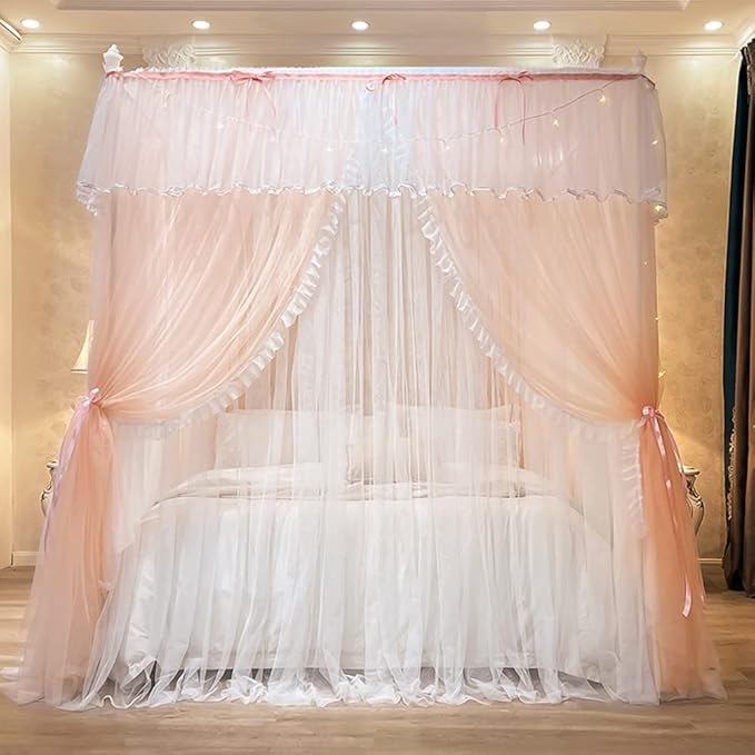 Mengersi Canopy Bed Curtains with Lights,4 Corner Bed Canopy Royal Luxurious Bed Drapes Netting,Princess Bed Curtains for Girls Adults Bedroom Decoration (Peach, Queen)
