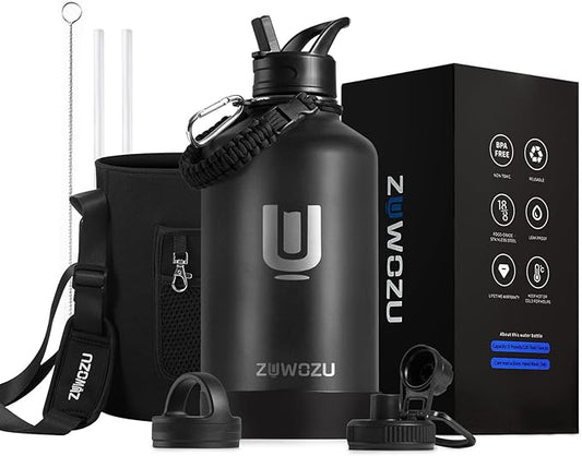 Half Gallon Water Bottle Insulated, 64oz Stainless Steel Water Bottle with Straw, Spout & Handle Lid, Half Gallon Water Jug with Carrier Bag w/Strap, Perfect for Hot&Cold Drinks (Black, 64oz)