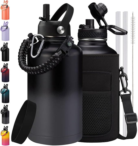 Half Gallon Water Bottle 64 oz with Straw - 1/2 Gallon Water Bottle with Paracord Handle, Bottle Sleeve with Strap, Keep Cold 48H & Hot 24H, Stainless Steel Half Gallon Water Jug for Sports Gym Work