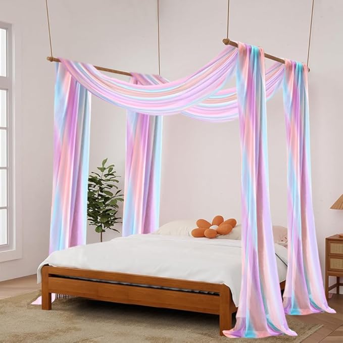 Akiky Rainbow Canopy Bed Curtains Princess Bed Canopy Scarf for Full/Queen Bed Frame,Wood Frame Bed-2 Panel Colorful Sheer Curtain(Full/Queen,Rainbow)