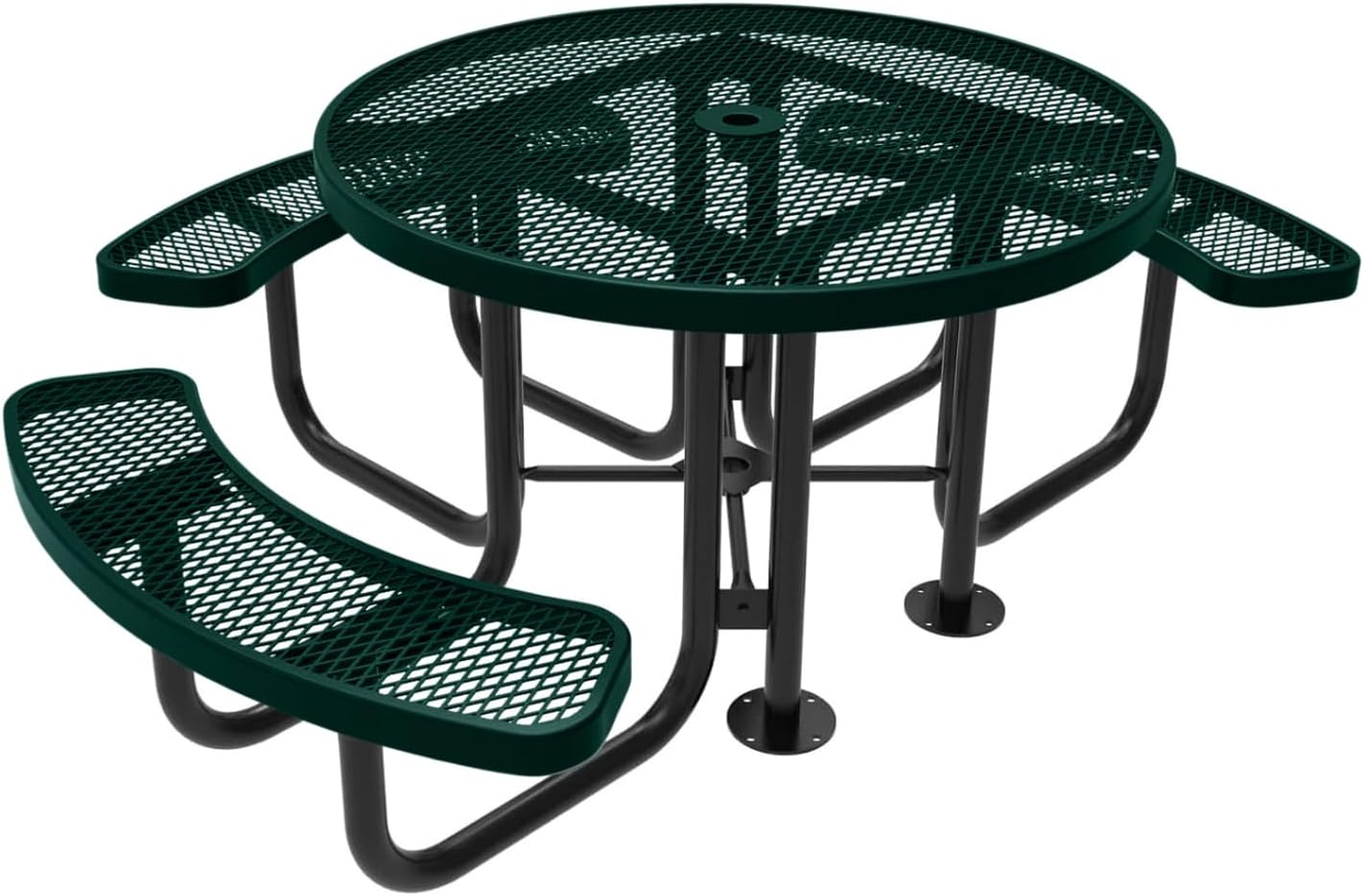 Heavy-Duty Portable Outdoor Picnic Table with Umbrella Hole, Expanded Metal Patio Dining Furniture Made in America (46" Round Top, Textured Dark Green)