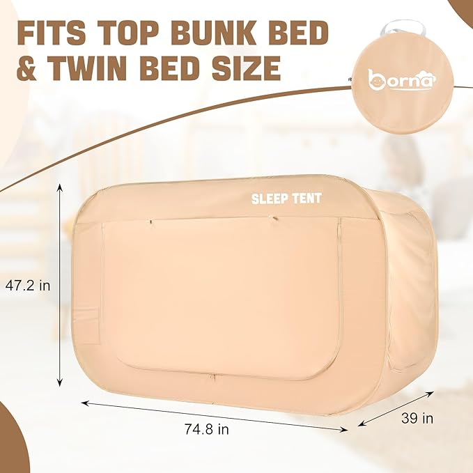 BORNA Bed Canopy Bed Tent Dream Tents Autism Shelter Cabin Indoor Sleeping Tents Privacy Warm Breathable Pop Up Twin Size Double Door with Mosquito Mesh Window for Kids and Adult (Khaki)