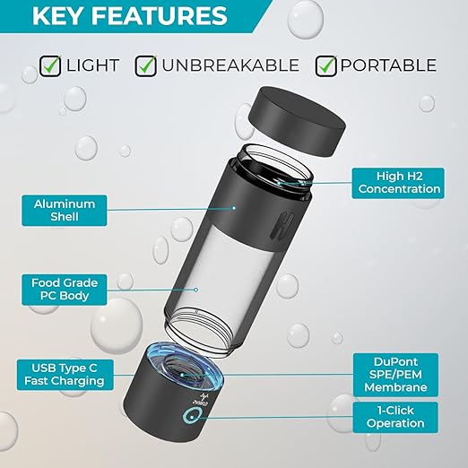 H2-Pro Hydrogen Water Bottle Generator with Latest SPE-PEM Technology (Onyx Black)