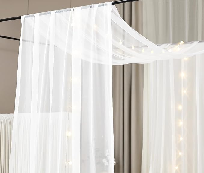 Akiky Canopy Bed Curtains with Light Princess Bed Canopy Scarf for Full/Queen Metal Bed Frame,Wood Frame Bed-2 Panel Sheer Curtain(Full/Queen,White)