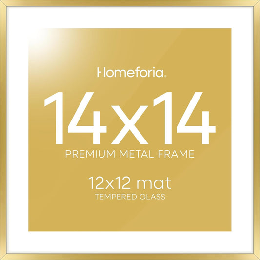 Homeforia 14x14 Picture Frame Gold, High End Metal 14 x 14 Square Poster Frame with Mat 12 x 12 Photo, 14x14 Frame Matted to 12x12 Print, 14by14 Gold Hanging Frames, Tempered Glass, Wall Kit, Set of 1
