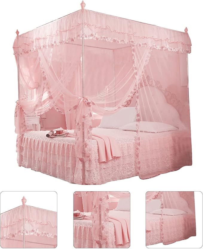 Luxury Princess 3 Side Openings Post Pink Bed Curtains,Four Corner Bedding Bed Canopy net for Bed Princess Bed Girls Room(No Bracket) (Pink)