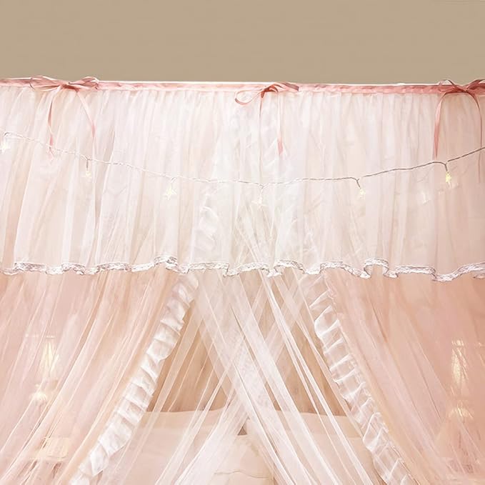 Mengersi Canopy Bed Curtains with Lights,4 Corner Bed Canopy Royal Luxurious Bed Drapes Netting,Princess Bed Curtains for Girls Adults Bedroom Decoration (Peach, California King)
