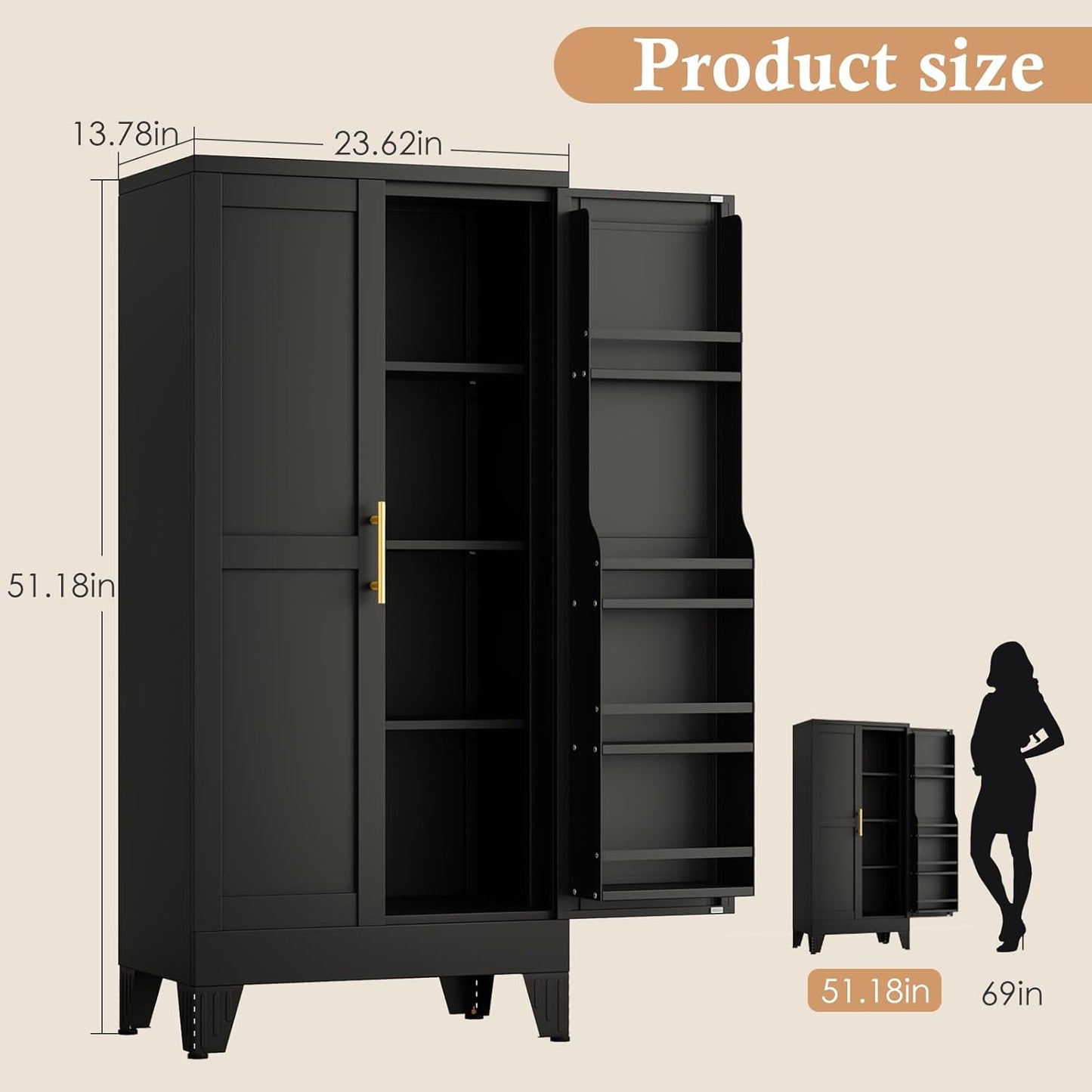 51" H Metal Kitchen Pantry Storage Cabinet, Freestanding Cupboard Storage Cabinet with Doors and Adjustable Shelves, Large Stand Up Food Cupboard for Living Room, Dinning Room, Black