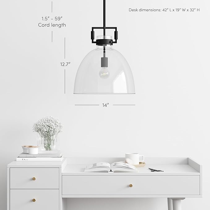 Nathan James Leigh Pendant Lighting, Black Hanging Ceiling Light with Oversized Glass Shade and Adjustable Cord, for Kitchen Island or Entryway, Matte Black/Clear
