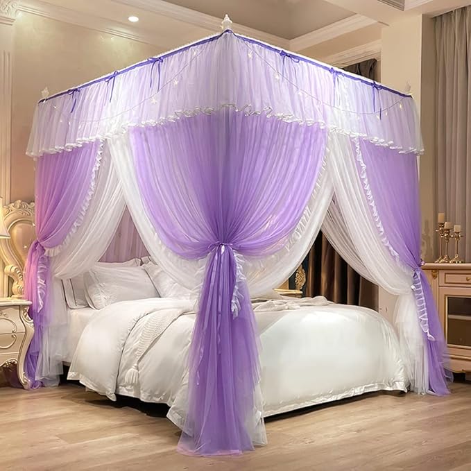 Mengersi Canopy Bed Curtains with Lights,4 Corner Bed Canopy Royal Luxurious Bed Drapes Netting,Princess Bed Curtains for Girls Adults Bedroom Decoration (Purple, King)