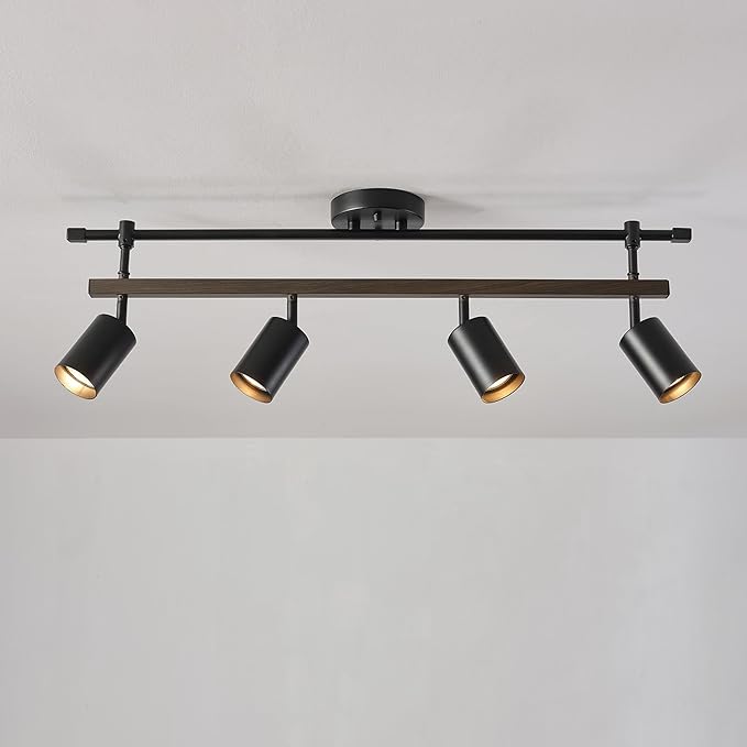 Globe Electric 60023 Nashville 4-Light Track Lighting, Matte Black, Faux Wood Accent Bar, Bulb Not Included