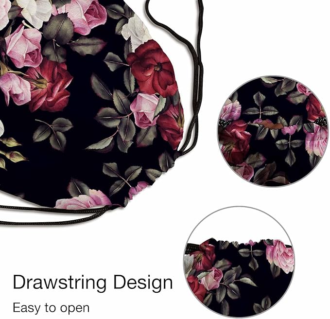 Gym Backpack Floral Pattern Red Pink White Rose Peony Flower Leaf Romantic Drawstring Backpack for Dance Gym Sports Soccer Basketball Running 14x16.9 Inch