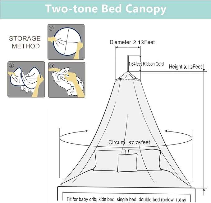 Eimilaly Two-Tone Bed Canopy Glow in The Dark White Blue, Mosquito Net Bed Canopy for Girls Room Decor, Single Door