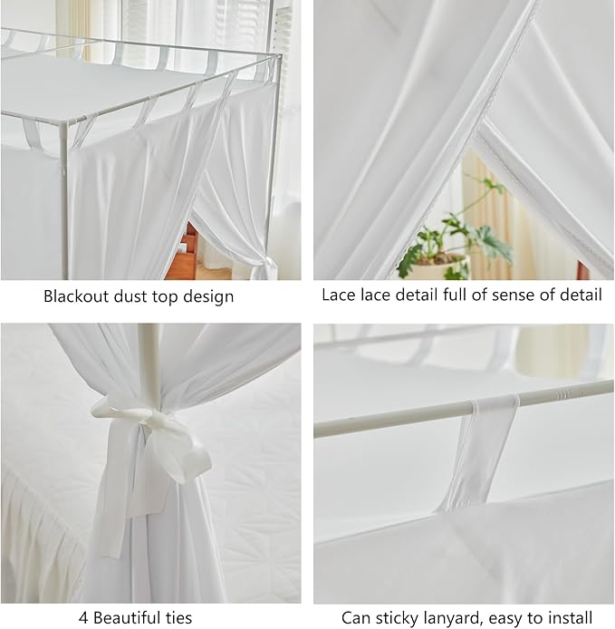 AIKASY White Canopy Bed Curtains with Top Ties and Tie Backs for Bedroom Decoration - Queen Size Bed Curtains with Windproof and Lightproof Features