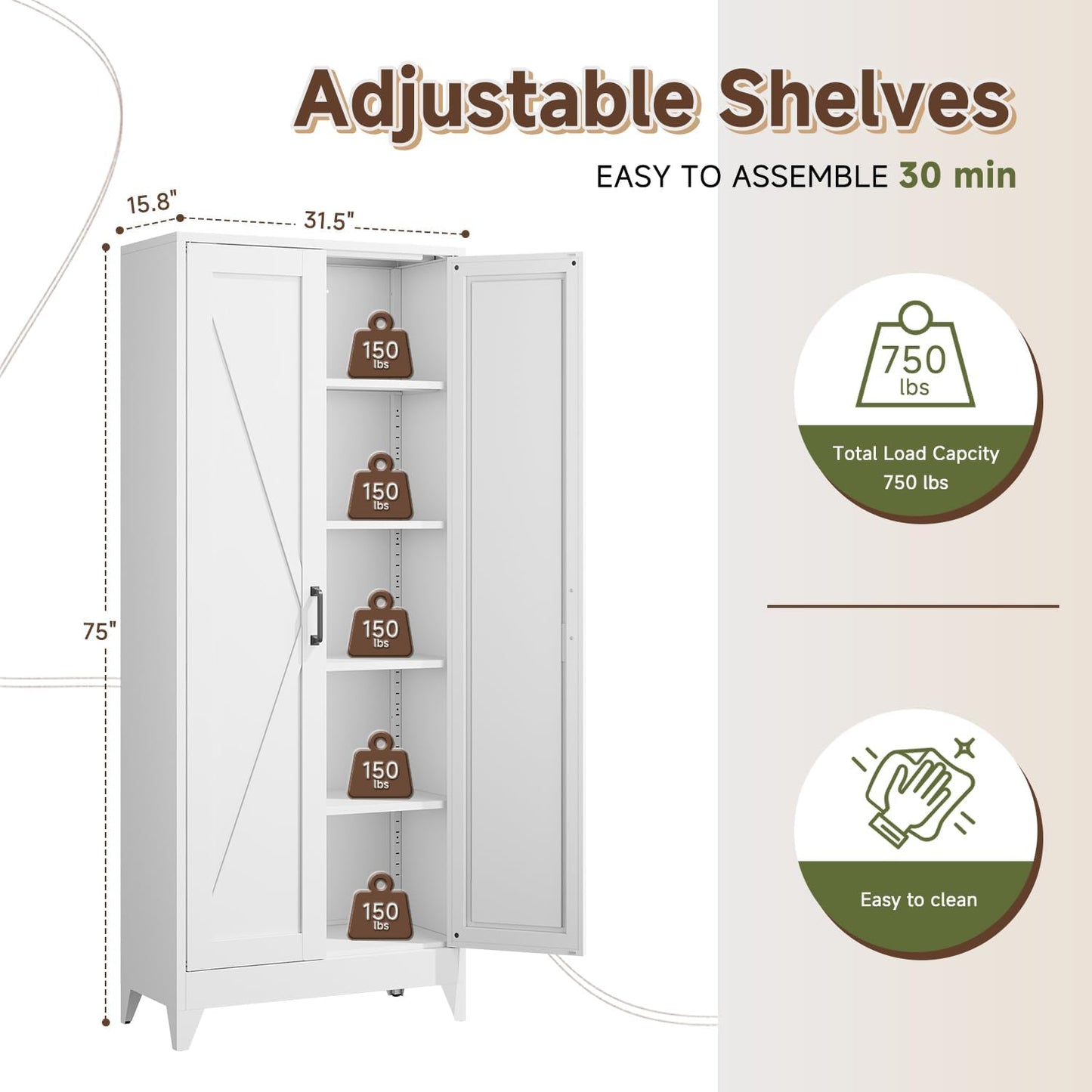 Letaya Storage Cabinet,75" H Metal Kitchen Pantry Cabinets with Doors and Adjustable Shelves,Pantry Organizers for for Cupboard/Office/Garage Room,White