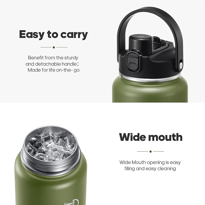 Half Gallon Insulated Water Bottle with 2-in-1 Lid (Chug Lid/Straw Lid), 40/64oz Double Walled Vacuum Stainless Steel Water Bottles, Water Jug with Straw