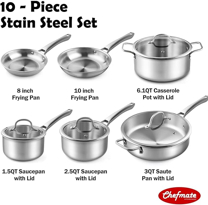 Stainless Steel Cookware Set,Tir-Ply Pots and Pans Set,10 Pcs Stainless Steel Induction Kitchen Cookware Sets,PFOA Free, Frying Pans,Saucepans,Saute Pan & Stock Pot,Compatible with All Cooktops