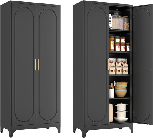 Pantry Cabinet, 75 Inch Tall Kitchen Storage Cabinet, Metal Pantry Cabinets with Doors and Adjustable Shelves, Black Freestanding Food Cupboard for Living, Dinning Room-Assembly Required