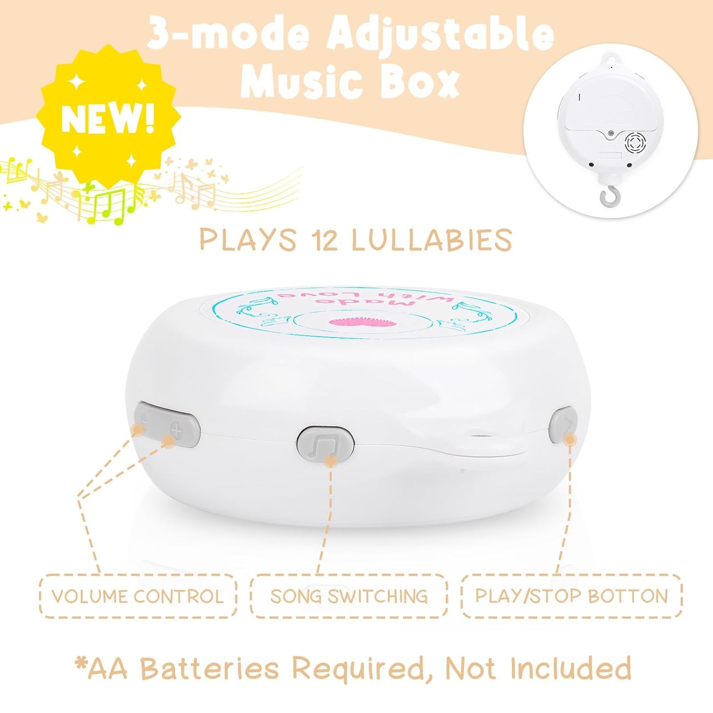 Dinosaur Crib Mobile – Beige Dino Baby Crib Mobile with 3-Mode Music Box, Nursery Mobile with Triceratops, T-Rex, Volcano, Fits Standard Cribs