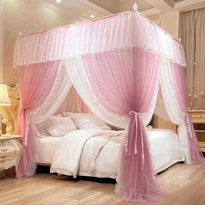 Mengersi Canopy Bed Curtains with Lights,4 Corner Bed Canopy Royal Luxurious Bed Drapes Netting,Princess Bed Curtains for Girls Adults Bedroom Decoration (Pink, Full)