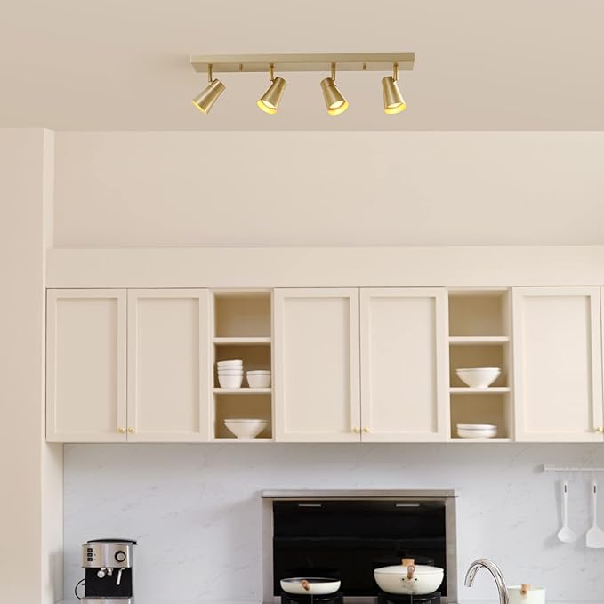 Globe Electric 64000046 4-Light Track Lighting, Matte Brass, Ceiling Light, Track Light Heads, Pivoting Track Heads, Track Ceiling Light, Track Lighting Kit, 4 Bulb Kitchen Light, GU10 Socket