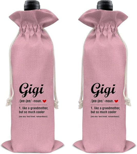 HOIJAUMAI Gigi Gifts for Grandma, Grandma Gift From Granddaughter Grandson, Grandma Wine Bag Gigi Definition Wine Gift Bags (Pink)