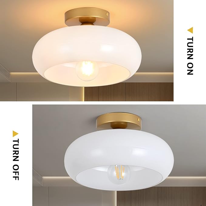 Mid-Century Modern Gold Semi Flush Mount Ceiling Light, Kitchen Ceiling Light Fixture with Glass Shade, Vintage White Close to Ceiling Lamp for Entryway Hallway Bathroom (11.0 Inch)
