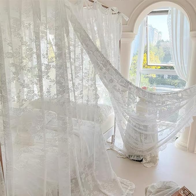 Elegant Lace Princess 4 Corner Post Mosquito Net Romantic for Girls Women Bed Curtain Canopy for Adult Wedding Bedroom Kids Rooms Decoration (Type3-Beige-White, Full)