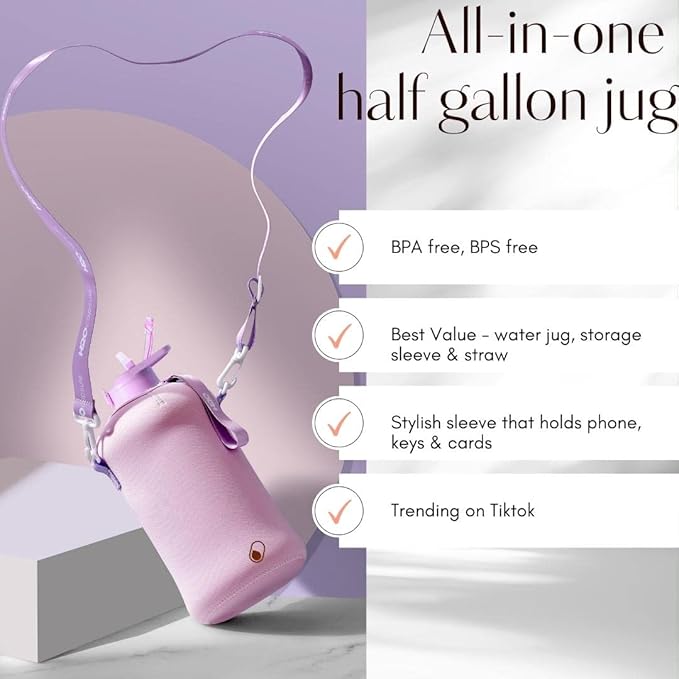 H2O Capsule 2.2L Half Gallon Water Bottle with Storage Sleeve and Covered Straw Lid – BPA Free Large Reusable Drink Container with Handle - Big Sports Jug, 2.2 Liter (74 Ounce)