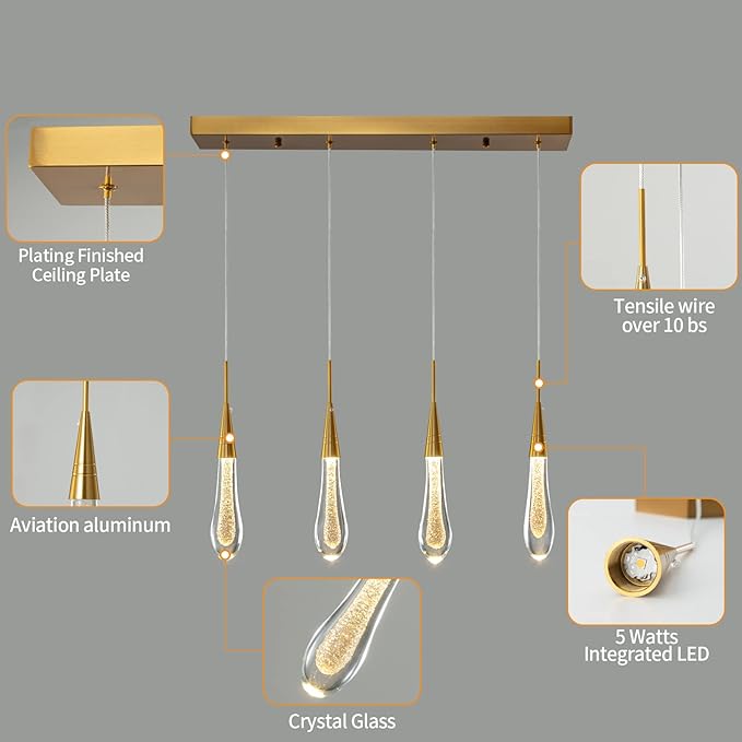 LMQNINE Kitchen Light Fixtures Ceiling Dimmable LED Modern Gold Pendant Light Mini Teardrop Crystal Pendant Light for Kitchen Island Bedroom Hallway Entryway (4-Light) (020)