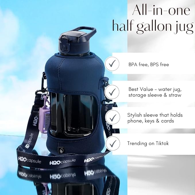 H2O Capsule 2.2L Half Gallon Water Bottle with Storage Sleeve and Removable Straw – BPA Free Large Reusable Drink Container with Handle - Big Sports Jug, 2.2 Liter (74 Ounce), Navy Blue