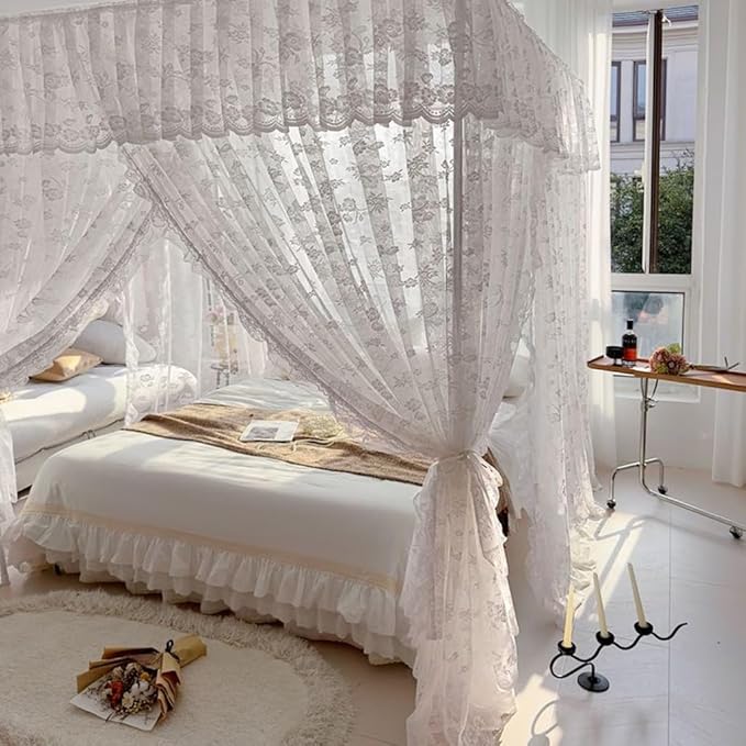 Elegant Princess 4 Corner Post Mosquito Net Romantic for Girls Women Bed Curtain Canopy for Adult Wedding Bedroom Kids Rooms Decoration (Type2-Beige-White, King)