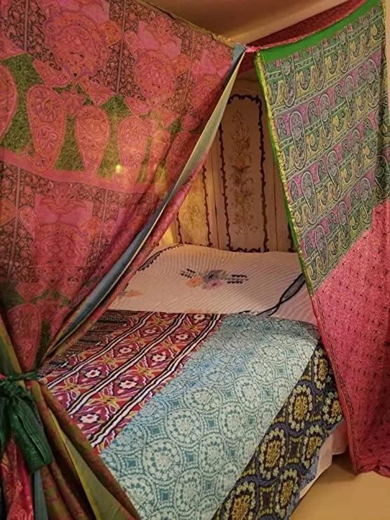 EthinicCraftHub® Bed Canopy Queen/King/Twin in Stock Curtains Bohemian Hippie Boho Decor India Fabric Silk Sari Saree Made to Order Queen Assorted Curtains (Queen)
