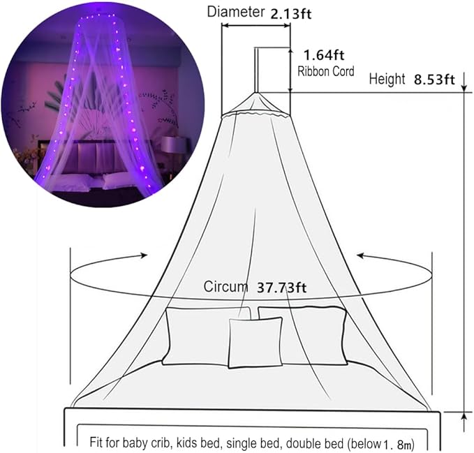 Eimilaly Spider Bed Canopy Mosquito Net with Purple Lights for Halloween Decor - Bed Canopy for Adults, Babies, White/Single Door