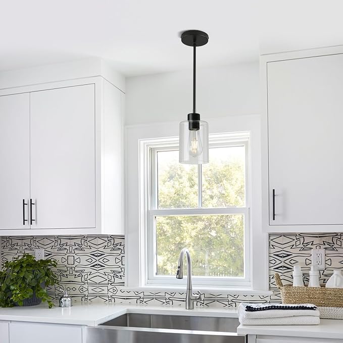 Black Pendant Lights Kitchen Island,Modern Farmhouse Glass Pendant Light,Light Fixture Kitchen Pendant Mini Hanging Light Fixture for Sink (Black 2 Pack Stem Rod)