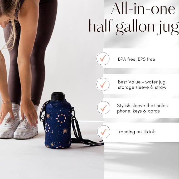 H2O Capsule 2.2L Half Gallon Water Bottle with Storage Sleeve and Covered Straw Lid – BPA Free Large Reusable Drink Container with Handle - Big Sports Jug, 2.2 Liter (74 Ounce)