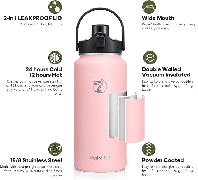 Half Gallon Insulated Water Bottle with 2-in-1 Lid (Chug Lid/Straw Lid), 40/64oz Double Walled Vacuum Stainless Steel Water Bottles, Water Jug with Straw