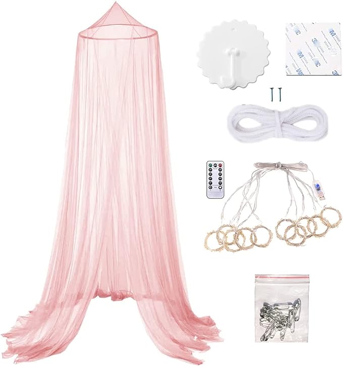 Eimilaly Bed Canopy Mosquito Net with 250pcs Warm White Curtain Lights, Bed Canopy for Girls Room Decor or Theme Party, Pink/Warm White Lights