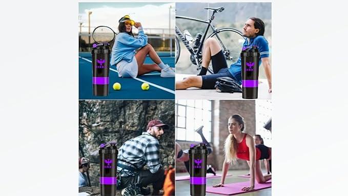 Gym Protein Shaker, 3-in-1, 500ml/16.9oz, BPA-Free, Metal Mixer. (PURPLE), JT4101