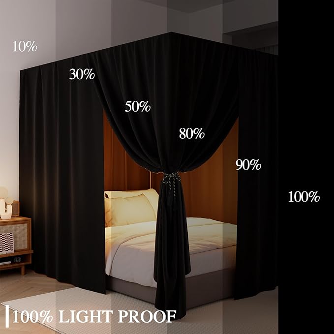 Black Canopy Bed Curtains - 4 Corner Post Bed Curtains Twin Lightproof Drapes Bed Canopy Curtains with Tie Backs for Adults & Girls Bedroom Decoration(Black,Twin)