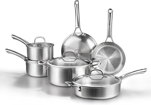 Stainless Steel Cookware Set,Tir-Ply Pots and Pans Set,10 Pcs Stainless Steel Induction Kitchen Cookware Sets,PFOA Free, Frying Pans,Saucepans,Saute Pan & Stock Pot,Compatible with All Cooktops