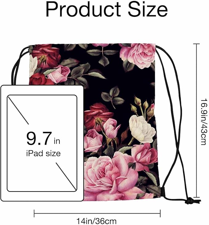 Gym Backpack Floral Pattern Red Pink White Rose Peony Flower Leaf Romantic Drawstring Backpack for Dance Gym Sports Soccer Basketball Running 14x16.9 Inch