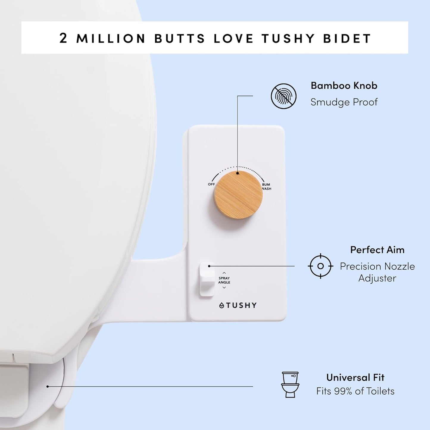 TUSHY Classic 3.0 Bidet Toilet Seat Attachment - A Non-Electric Self Cleaning Water Sprayer with Adjustable Water Pressure Nozzle, Angle Control & Easy Home Installation (Bamboo Knob)