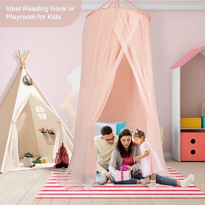 40"x 106" Bed Canopy for Girls & Adults, Double Layer Princess Round Dome Bed Curtain Canopy Drapes, Dreamy Mosquito Net Reading Nook, Bedroom Decoration (Pink)