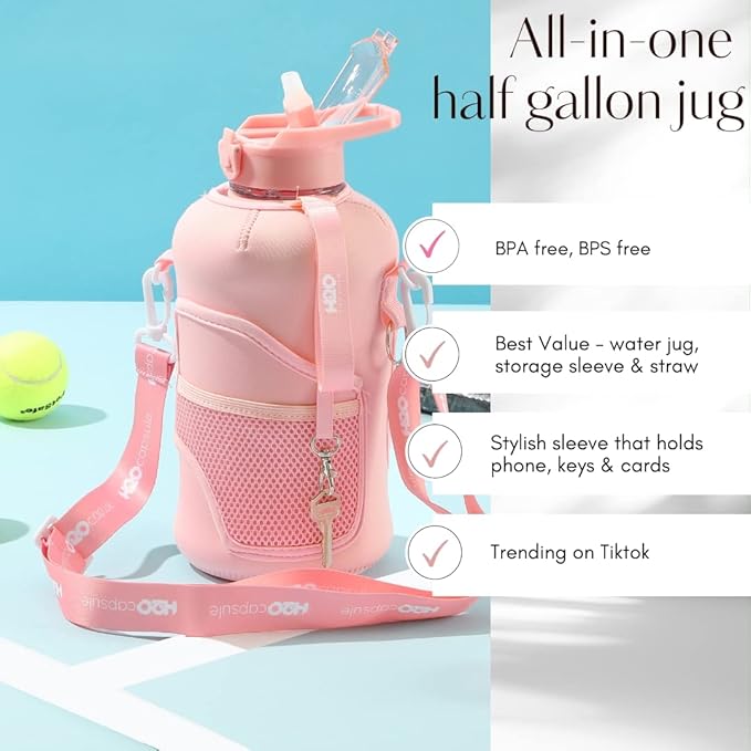 H2O Capsule 2.2L Half Gallon Water Bottle with Storage Sleeve and Removable Straw – BPA Free Large Reusable Drink Container with Handle - Big Sports Jug, 2.2 Liter (74 Ounce), Rose Quartz
